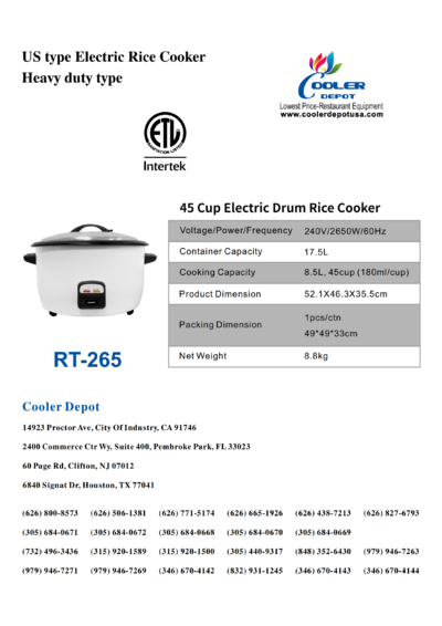 NSF 45 cups Large Capacity Electronic Rice Cooker RT-265