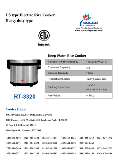NSF 92 Cups 20L Electric Rice Warmer RT-3320