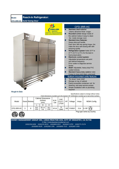 NSF Reach In Three door refrigerator CFD-3RR