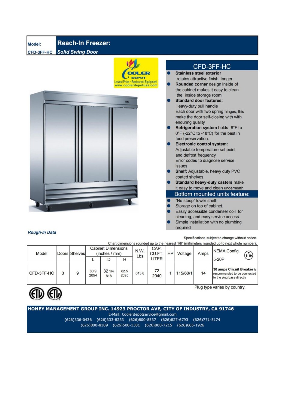 NSF 83 inch 3 Door Reach-In Commercial SS Freezer D83F