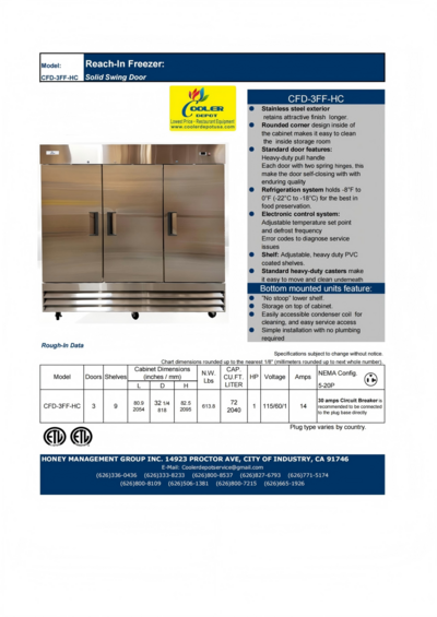 NSF Stainless Steel Reach-In Commercial 3 door freezer CFD-3FF