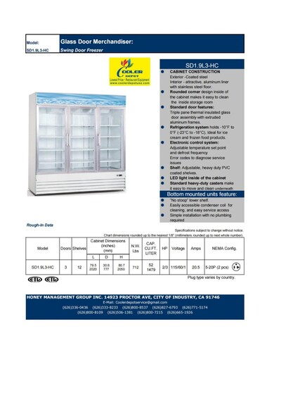 NSF 3 Glass Door Freezer Merchandiser Frozen food SD1.9L3