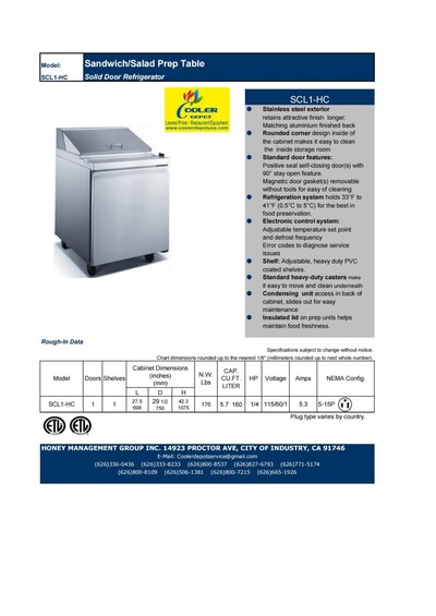 NSF ETL Sandwich Prep Table 27 ins Refrigerator SCL1-E-HC