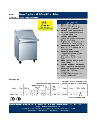 NSF Sandwich Prep Table mega 27 ins Refrigerator SCLM1