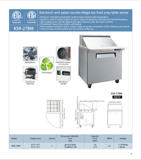 NSF Sandwich Prep Table Mega 27 inches Refrigerator KSR-27BM