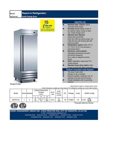NSF restaurant One Door Refrigerator XB27R