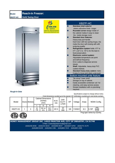 NSF Solid Door Reach-In Freezer 1 Door Freezer XB27F