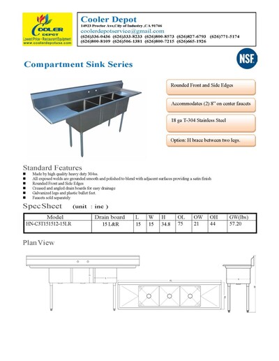 75 ins Stainless Steel 3 Compartment Sink NSF HN-C3T151512-15LR
