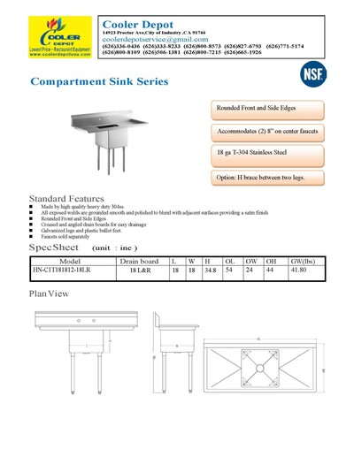 54 ins one compartment sink NSF HN-C1T181812-18LR