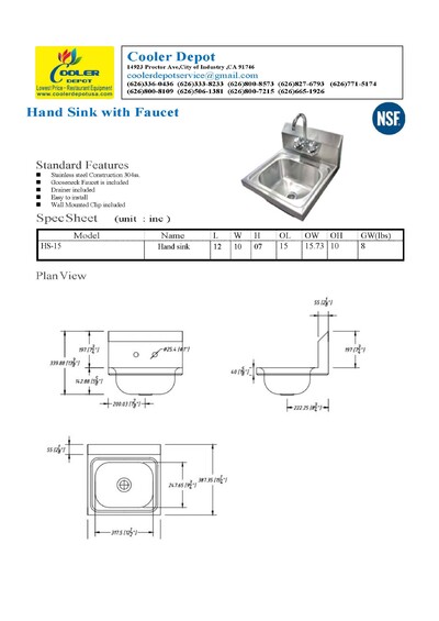 15 ins Commercial NSF SS hand Sink and Faucet HN-HS-15