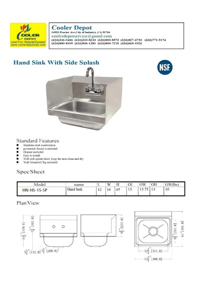 15 ins hand sink with two splashes and faucet NSF HN-HS-15-SP