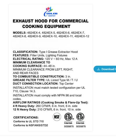 6 ft NSF Restaurant Hood And Exhaust Fan 08 HBS