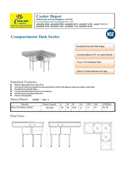 NSF Corner Sink 3 Compartment HN-CS3T181812-18LR