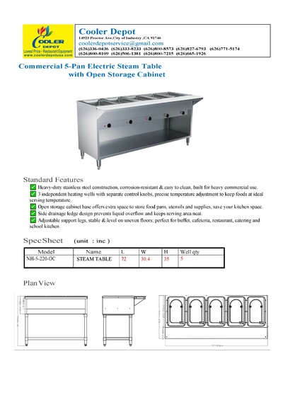 ETL 5 Plate Warmer And Dry Steam Table 220v NH-5-220-OC