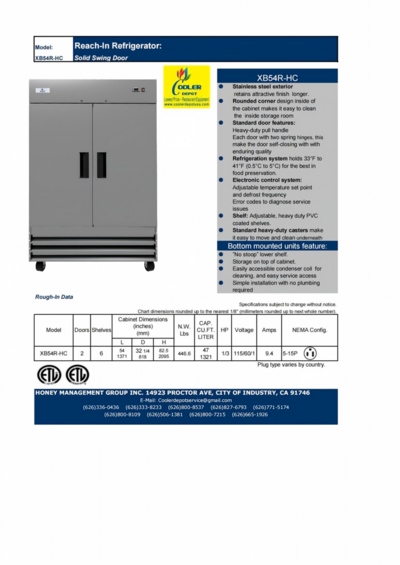 NSF ETL Commercial Two door refrigerator XB54R