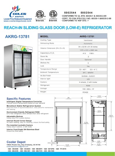 NSF 54 inches Two Slide glass Door Refrigerator AKRG-13781