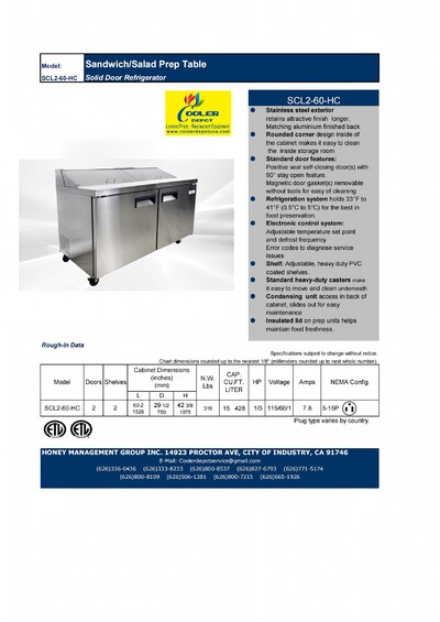 60 inches top two door Sandwich Prep Table NSF SCL2-60-E