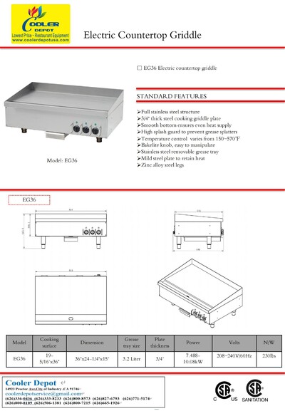 NSF 36 inches Electric Griddle Flat Top Grill 3 phase EG36