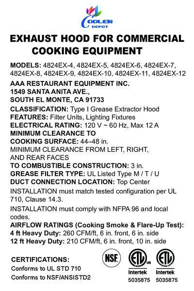 NSF Restaurant Exhaust Commercial Kitchen Only Hood 6 FT