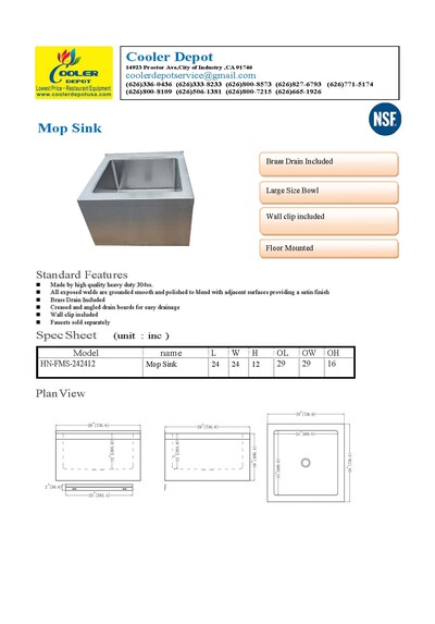 NSF Stainless Steel Floor Mop Sink 29 x29 x18 Bowl HN-FMS-242412
