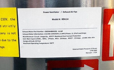 NSF 1 HP 2100-3900 Restaurant Exhaust Fan 220V RDU14HBS BIG