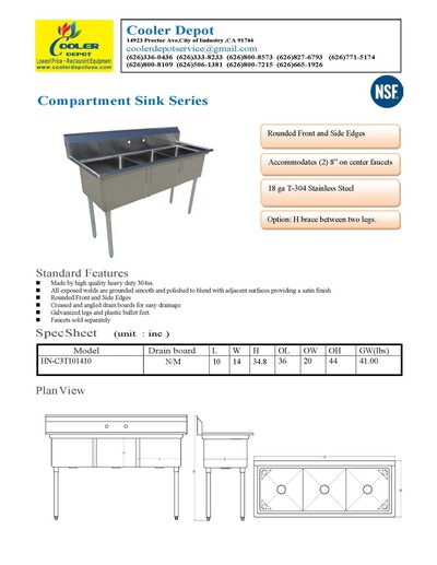 NSF 35 ins Stainless Steel Three Compartment Sink HN-C3T101410