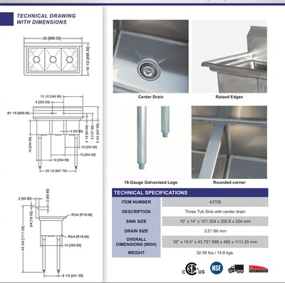 NSF 35 ins Stainless Steel Three Compartment Sink HN-C3T101410