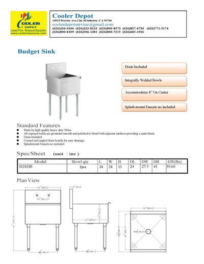 24 inches Commercial Utility Sink S12424B