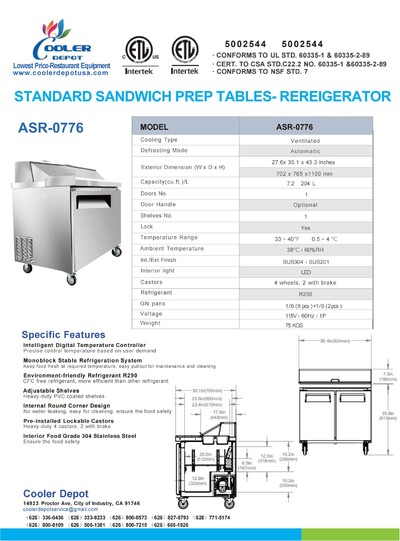 NSF Sandwich Prep Table 28 ins Refrigerator ASR-0776