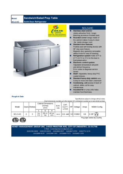 72 inches top two door Sandwich Prep Table NSF SCL3-E-HC