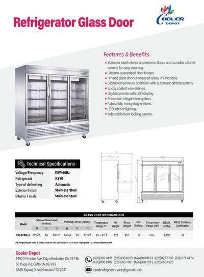 3 GlassDoor Stainless Steel Commercial Refrigerator NSF CD-84RG