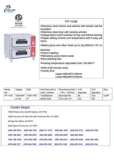 Double Deck Countertop Pizza Oven Two Chambers NSF FP-11AE