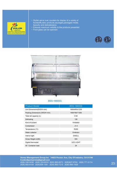 Sandwich Meat Refrigerated ShowCase NSF BSS1885