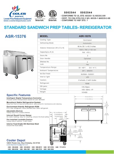 NSF Sandwich Prep Table 60 inches Refrigerator ASR-15376