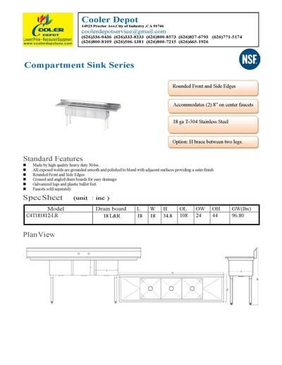 108 ins 4 Compartment sink two faucets NSF HN-C4T181812-18LR