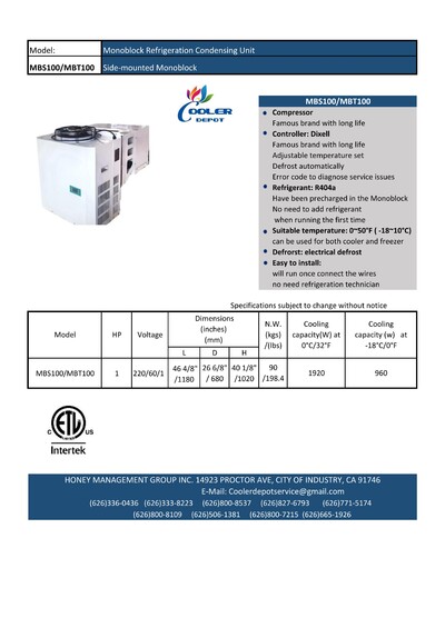 ETL 1Hp Walk-In freezer Refrigeration Condensing Unit XML-100TP