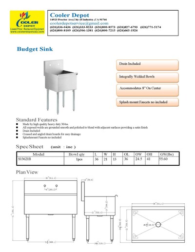 36 inches Commercial Utility Sink S13621B