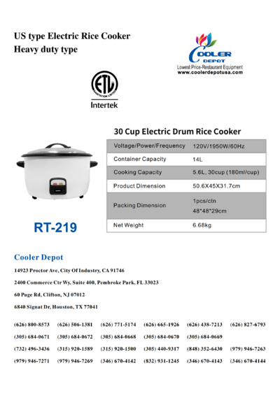 NSF raw rice 30 cup Rice cooker warmer XH-219 RT-219
