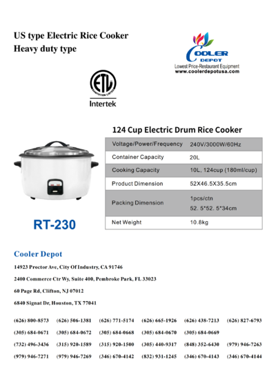 NSF raw rice 55 cup Rice cooker warmer XH-230 RT-230