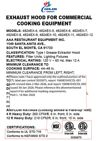NSF Commercial Kitchen Only Hood 11 FT
