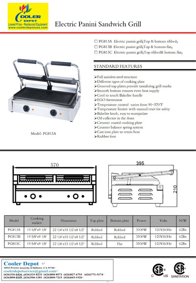 NSF Panini Press Grill Sandwich Griddler 110V PG813B