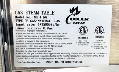 ETL Steam Table 4 Pan Gas Propane Warmer HN-4-NAT-GS