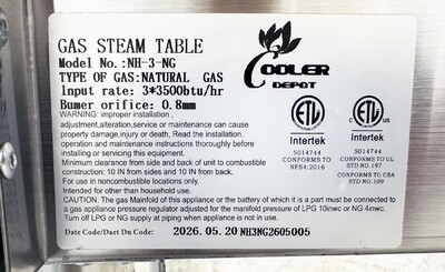 ETL Steam Table 3 Pan Gas Propane Warmer HN-3-NAT-GS