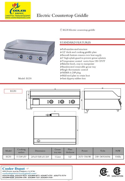 NSF 30 inches Electric Countertop Griddle Flat Top Grill EG30