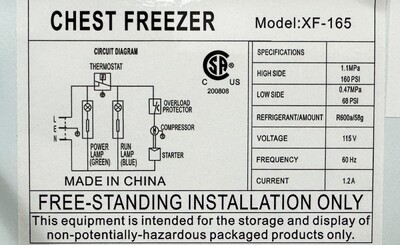 CSA Single Door Food Chest Freezer 5.0 CU FT XF-165