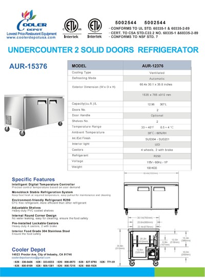 NSF 60 Ins Undercounter 2 Solid Doors Refrigerator AUR-15376