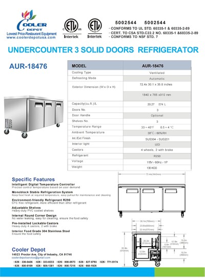 NSF 72 Ins Undercounter 3 Solid Doors Refrigerator AUR-18476