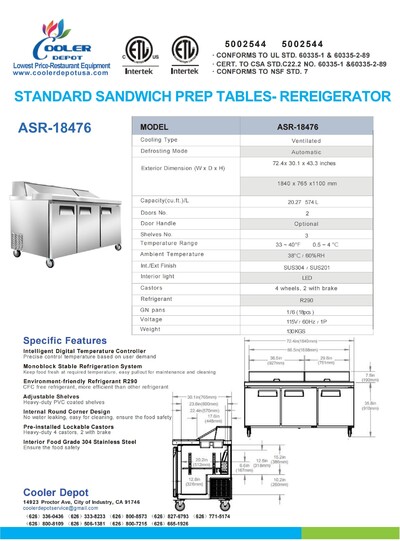 NSF Sandwich Prep Table Refrigerator 72 inches ASR-18476