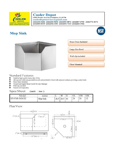Corner 26*26*16 Floor Mop Sink Utility Sink HN-FMS-242412C