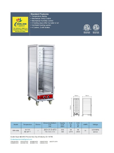 NSF One Door Warmer Heated Holding Proofer Hot Cabinet RTR-420L